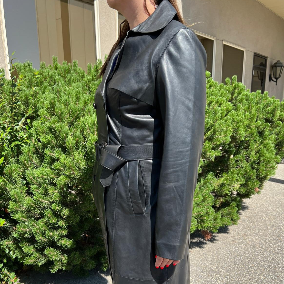 Women's Classic Leather Trench Coat. Double-Breasted Button Closure with Adjustable Belt - Velora Luxury Fashion