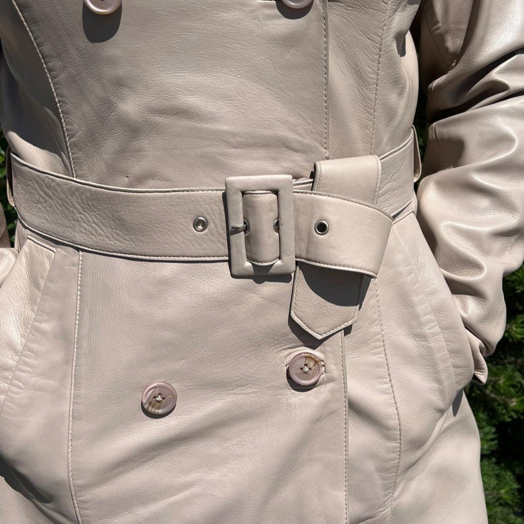 Women's Classic Leather Trench Coat. Double-Breasted Button Closure with Adjustable Belt - Velora Luxury Fashion
