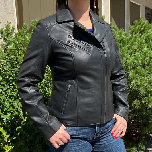 Women's Lamb Leather Biker Look Jacket with Asymmetrical Collar and Stitched Shoulders - Velora Luxury Fashion
