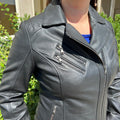 Women's Lamb Leather Biker Look Jacket with Asymmetrical Collar and Stitched Shoulders - Velora Luxury Fashion