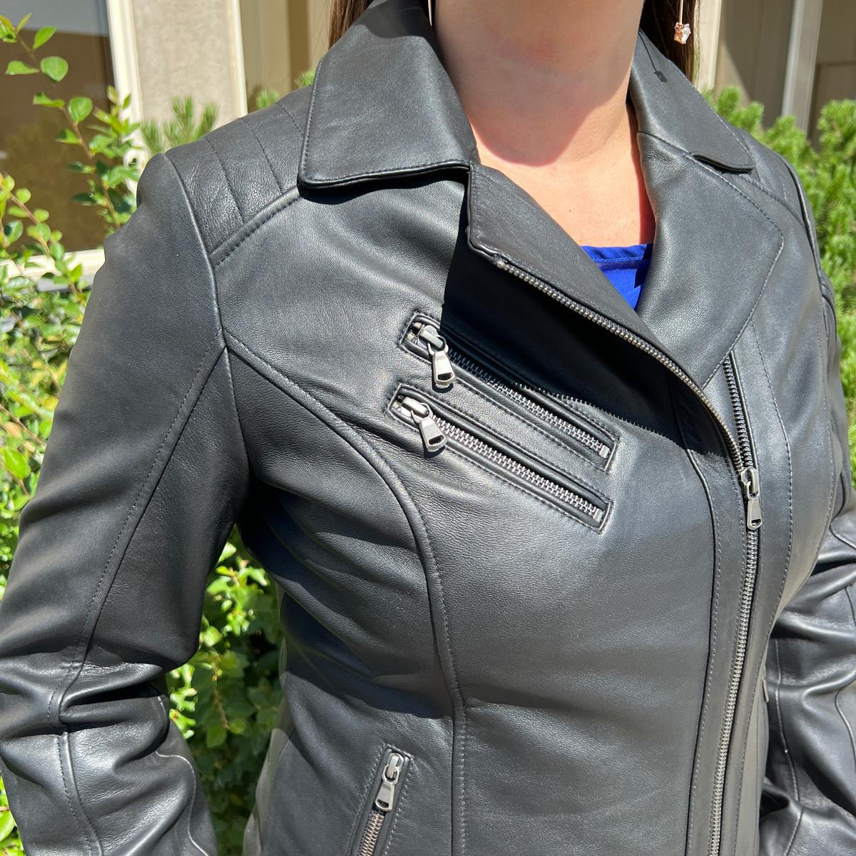 Women's Lamb Leather Biker Look Jacket with Asymmetrical Collar and Stitched Shoulders - Velora Luxury Fashion
