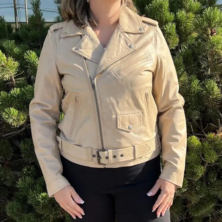 Women's Lamb Leather Biker Style Jacket with Belt - Velora Luxury Fashion