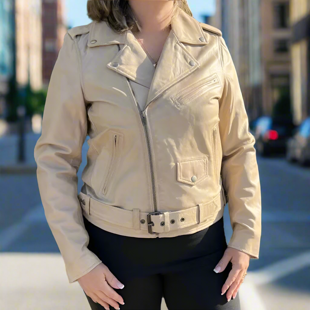 Women's Lamb Leather Biker Style Jacket with Belt - Velora Luxury Fashion