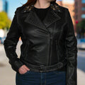 Women's Lamb Leather Jacket with Floral Embroidery - Velora Luxury Fashion