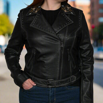 Women's Lamb Leather Jacket with Floral Embroidery - Velora Luxury Fashion