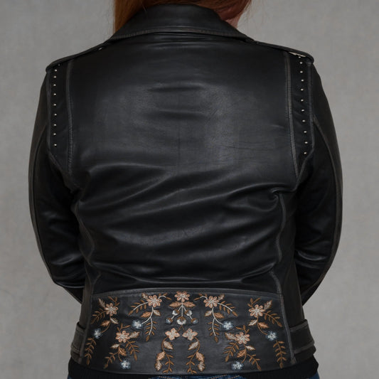 Women's Lamb Leather Jacket with Floral Embroidery - Velora Luxury Fashion