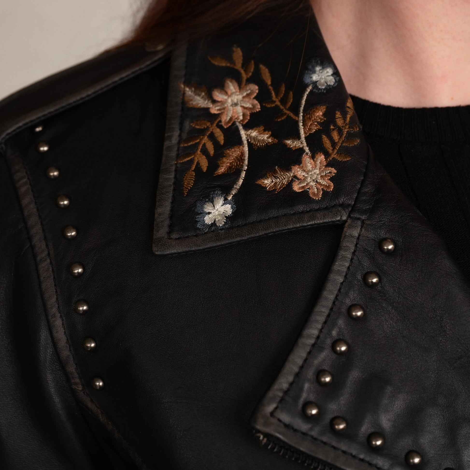 Women's Lamb Leather Jacket with Floral Embroidery - Velora Luxury Fashion
