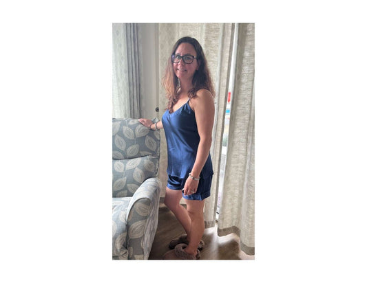 Women's Mulberry Silk Camisole and Boxer Pajama Set Navy Blue - Velora Luxury Fashion