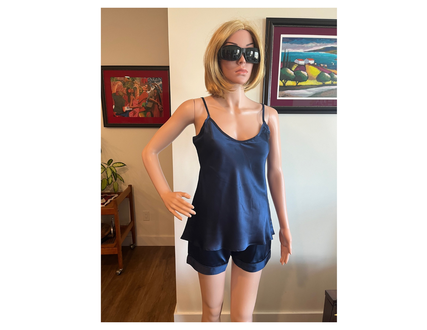 Women's Mulberry Silk Camisole and Boxer Pajama Set Navy Blue - Velora Luxury Fashion