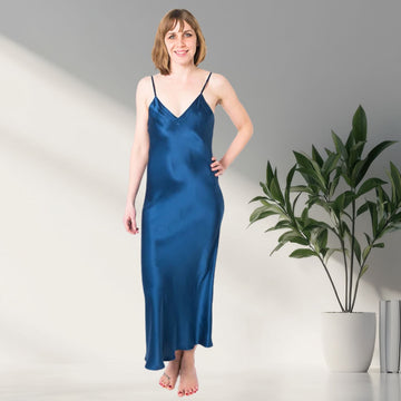 Women's Mulberry Silk Nightgown Navy Blue - Velora Luxury Fashion