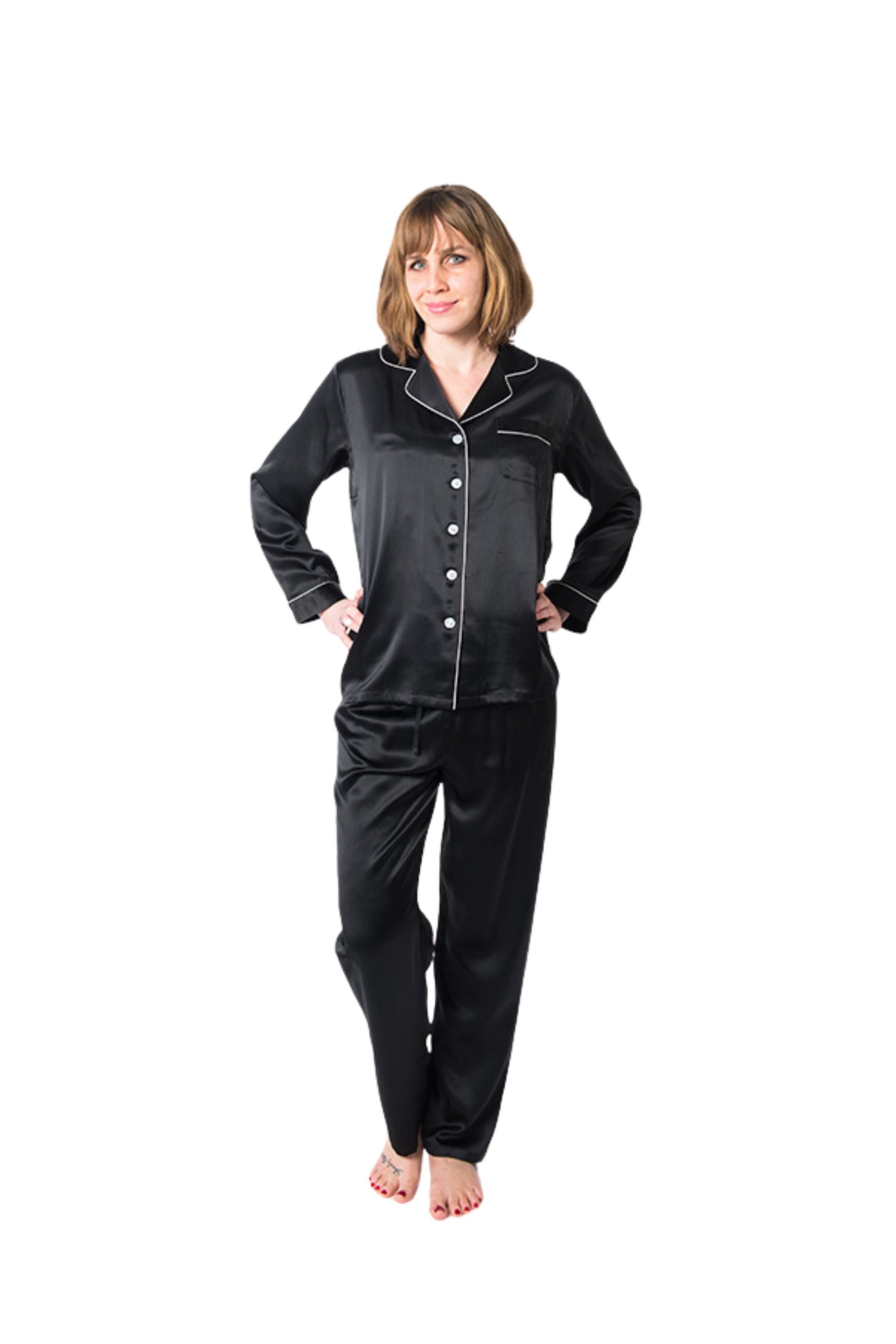 Women's Mulberry Silk Pajama Set Black - Velora Luxury Fashion