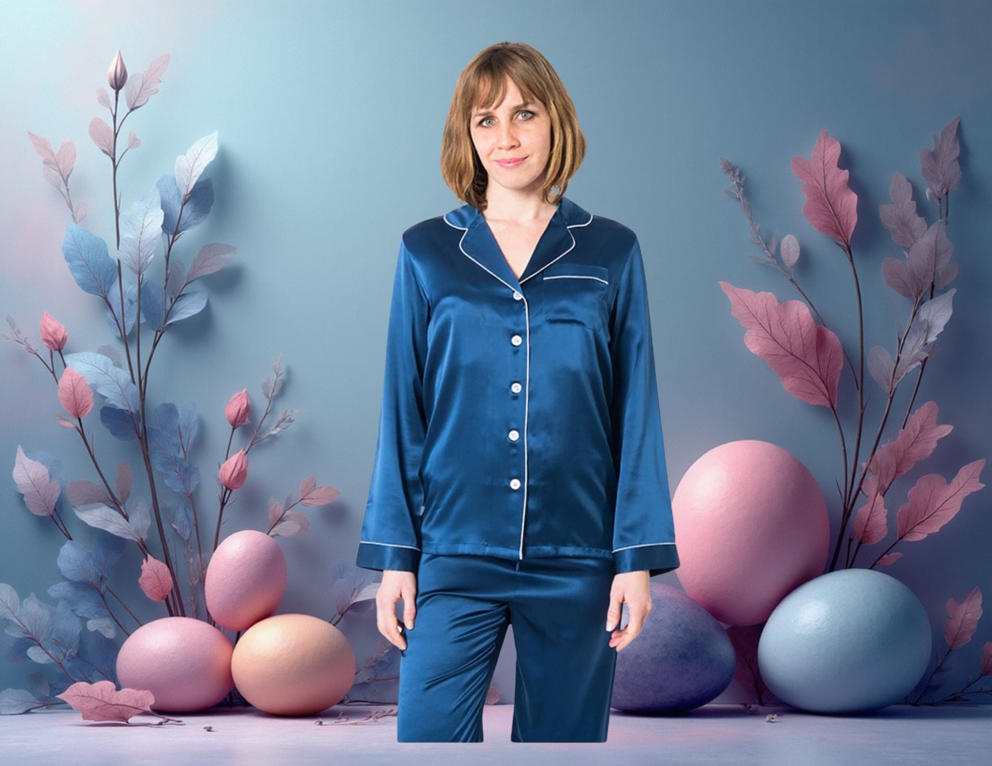 Women's Mulberry Silk Pajama Set Navy Blue - Velora Luxury Fashion