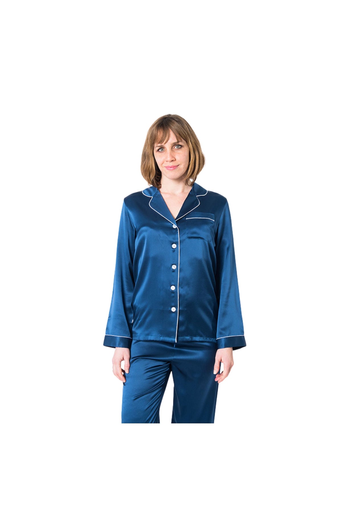 Women's Mulberry Silk Pajama Set Navy Blue - Velora Luxury Fashion