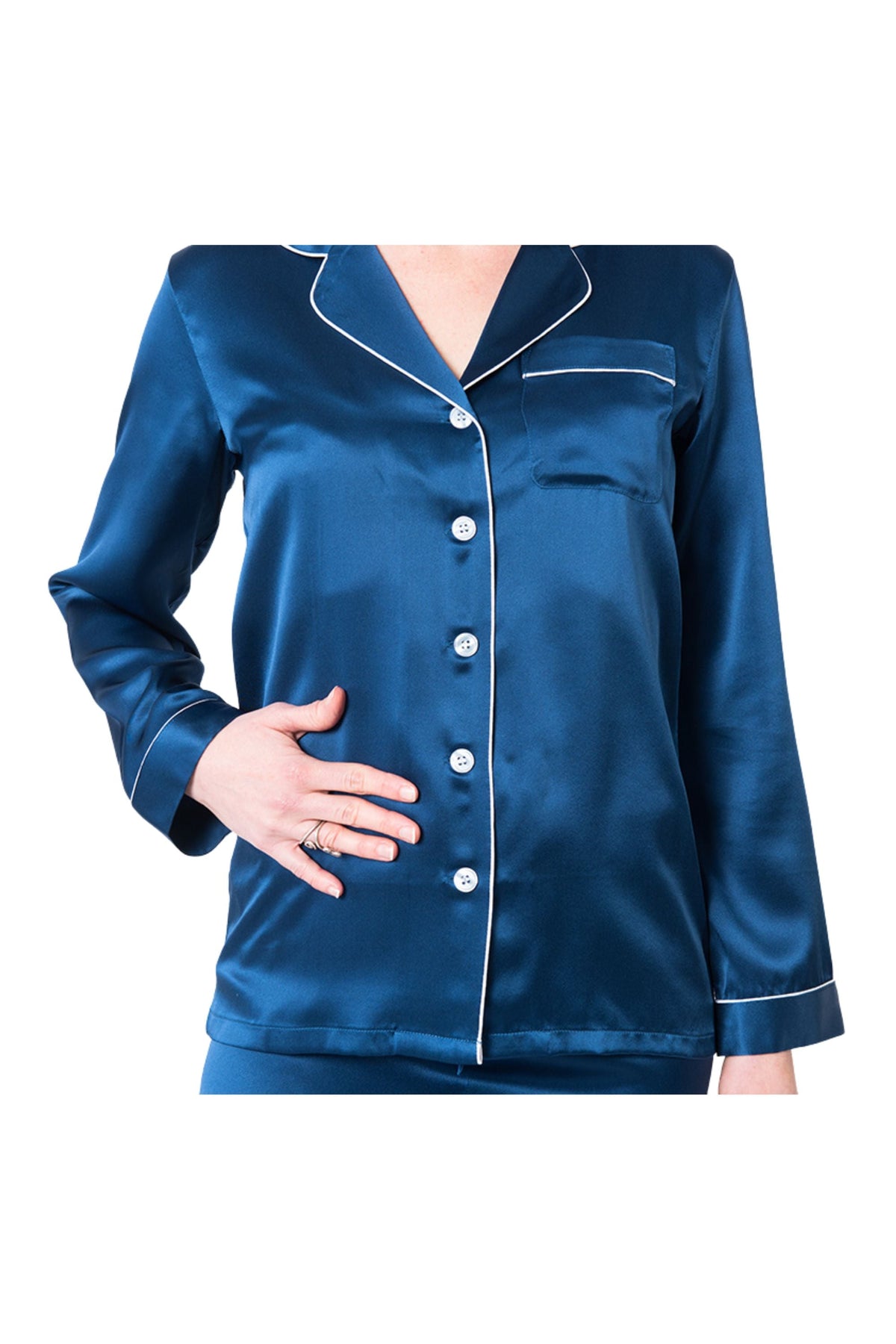 Women's Mulberry Silk Pajama Set Navy Blue - Velora Luxury Fashion