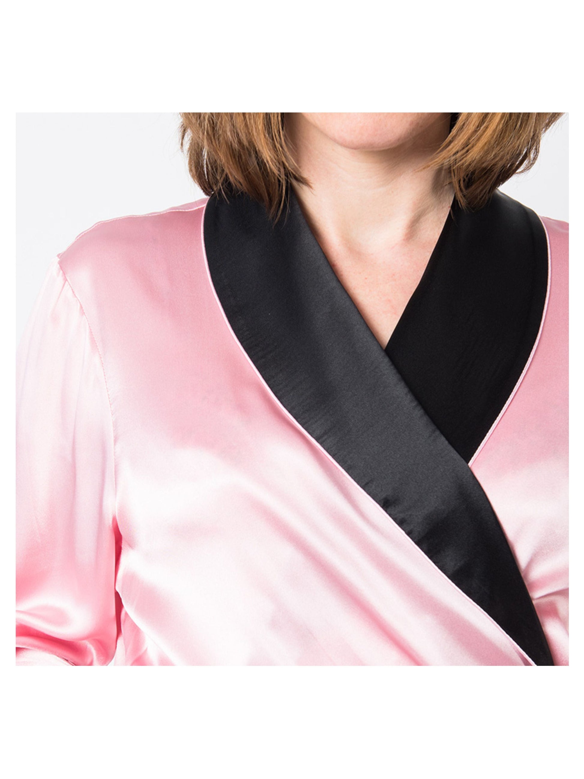 Women's Mulberry Silk Robe Pink with Black Collar - Velora Luxury Fashion