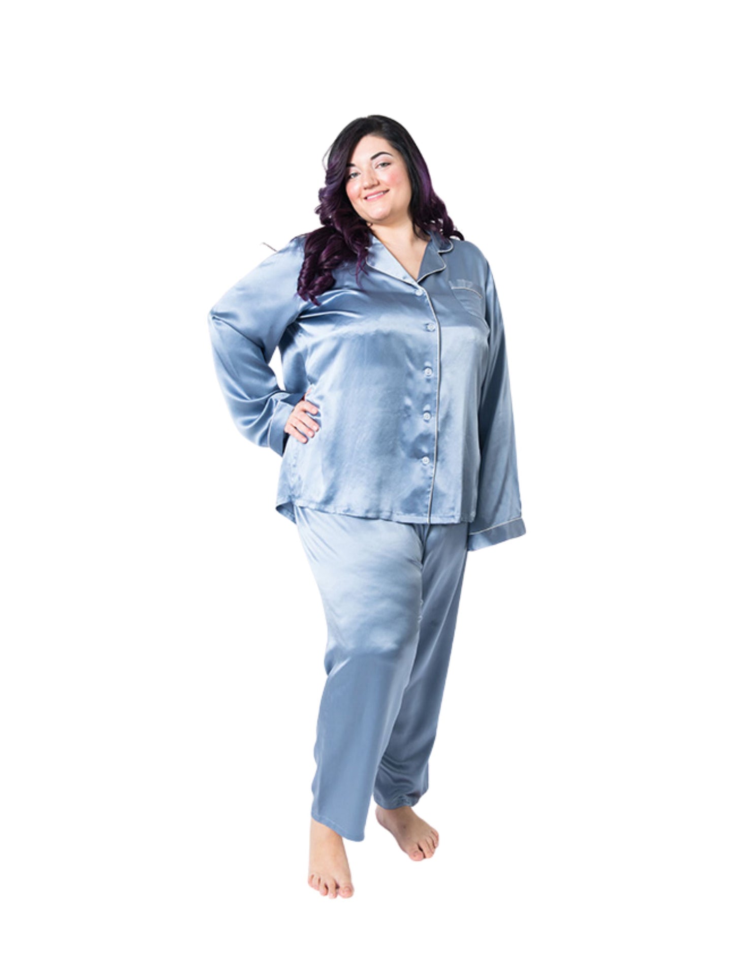 Women's Plus Size Mulberry Silk Pajama Set Twilight Blue - Velora Luxury Fashion