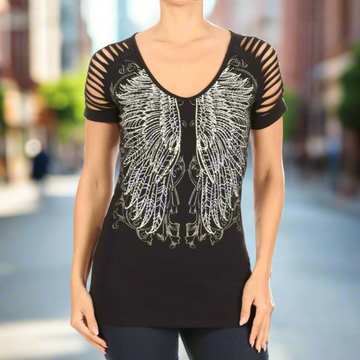 Women's Rhinestone Angel Wing Raglan Top - Velora Luxury Fashion