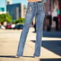 Women's Rhinestone Embellished Bootcut Jeans with Angel Wing Cross Back Pocket & Sequined Detail - Velora Luxury Fashion