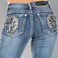 Women's Rhinestone Embellished Bootcut Jeans with Angel Wing Cross Back Pocket & Sequined Detail - Velora Luxury Fashion