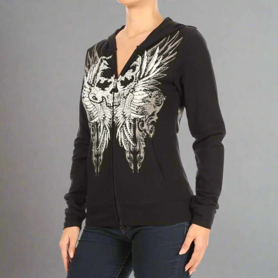 Women's Rhinestone Skull Wing Hoodie - Velora Luxury Fashion