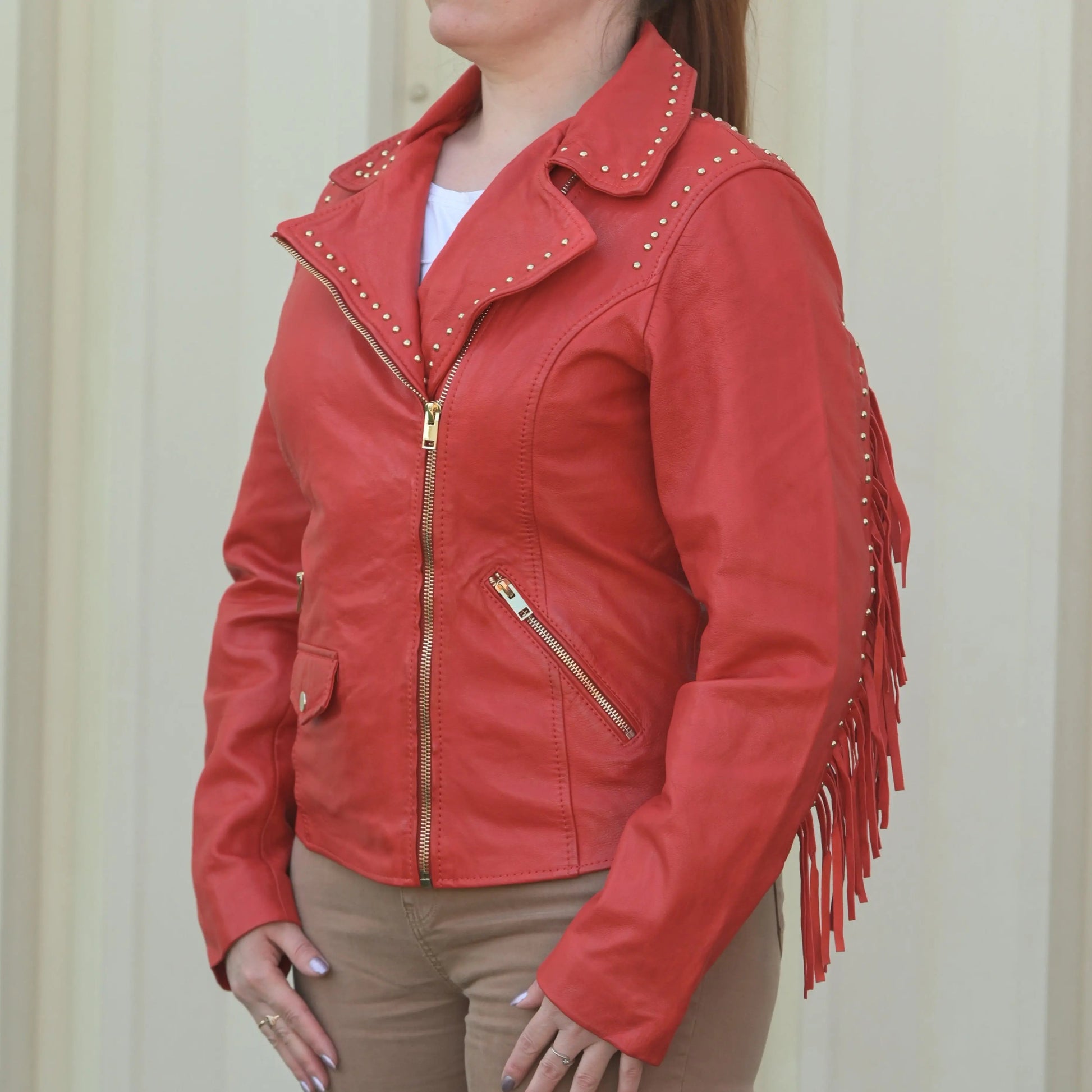 Women's Studded Leather Jacket with Removable Fringe - Velora Luxury Fashion