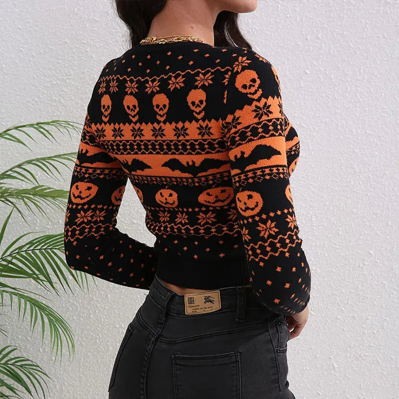 Women's Contrast Color Jacquard Fashion Round Neck Sweater EX-STOCK Canada