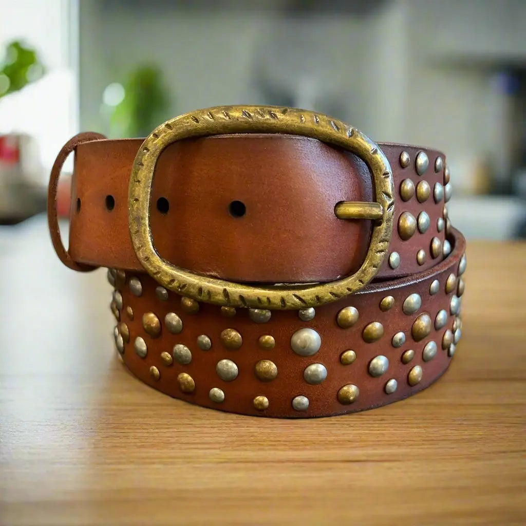 Women's Full Grain Leather Belt with Oval Buckle and Studs Boutique of Leathers/Open Road