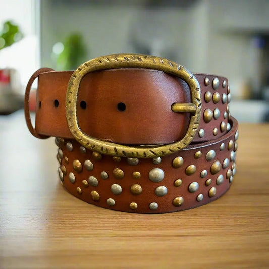 Women's Full Grain Leather Belt with Oval Buckle and Studs Boutique of Leathers/Open Road