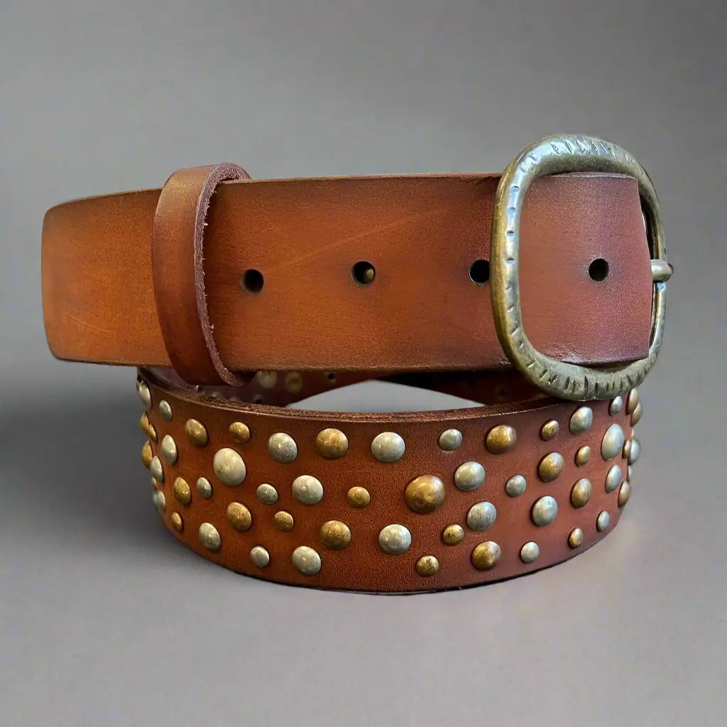 Women's Full Grain Leather Belt with Oval Buckle and Studs Boutique of Leathers/Open Road