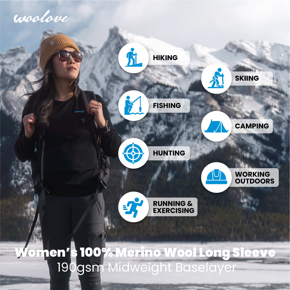 Women's 100% Merino Wool Base Layer Long Sleeve Crew Neck Shirt 190 GSM - Velora