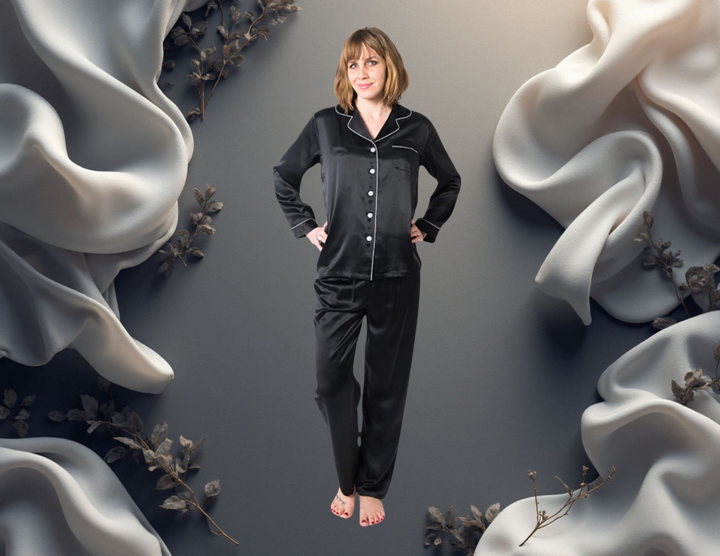 Women's Mulberry Silk Pajama Set Black Forsters Finery