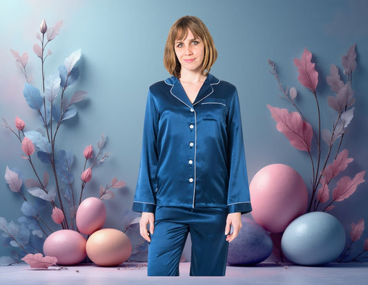 Women's Mulberry Silk Pajama Set Navy Blue Forsters Finery