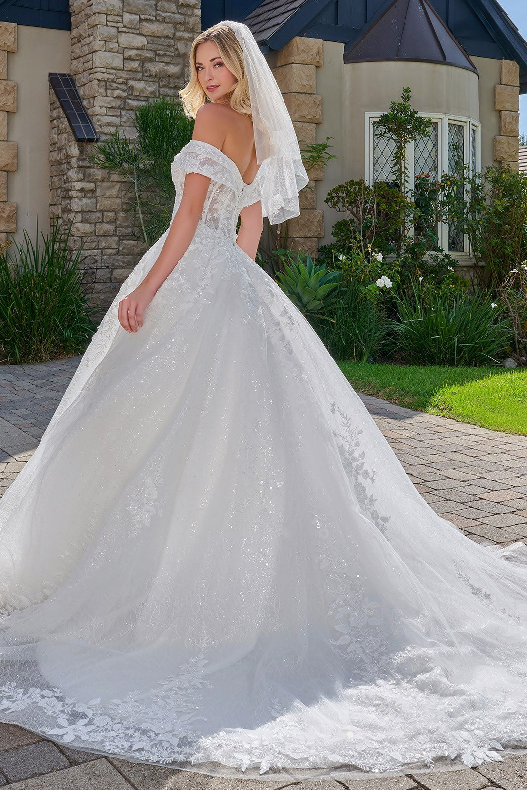 Double Fold Over Off-Shoulder Strap V-Neckline Ball Gown Wedding Dress