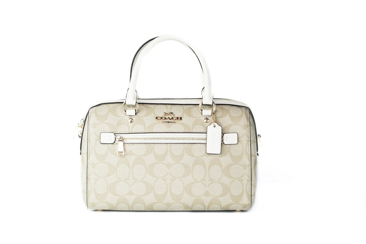 Coach (F83607) Rowan Signature Leather Light Khaki Chalk Medium Satchel Handbag Purse
