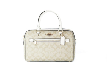 Coach (F83607) Rowan Signature Leather Light Khaki Chalk Medium Satchel Handbag Purse