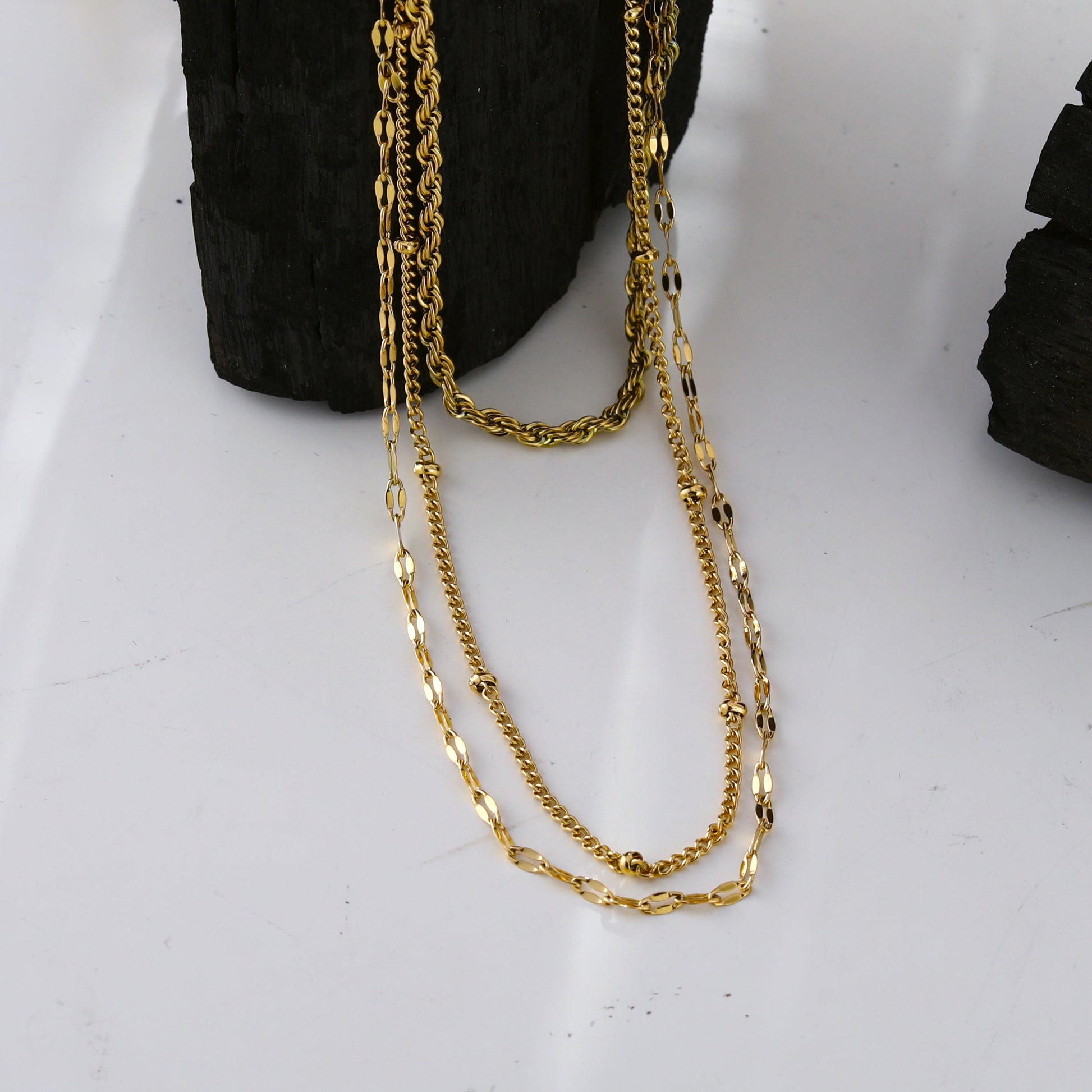 ZURI Triple Layer Mixed-Chain Necklace in Gold - Velora Luxury Fashion