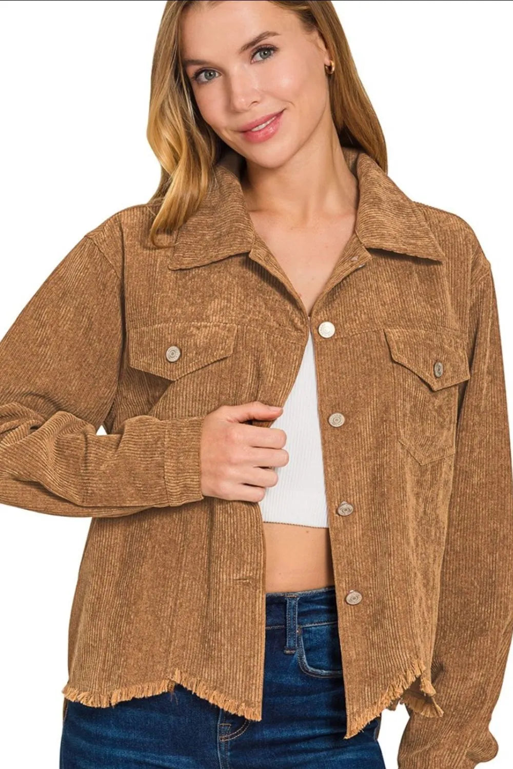Zenana Distressed Corduroy Frayed Hem Cropped Jacket - Velora Luxury Fashion