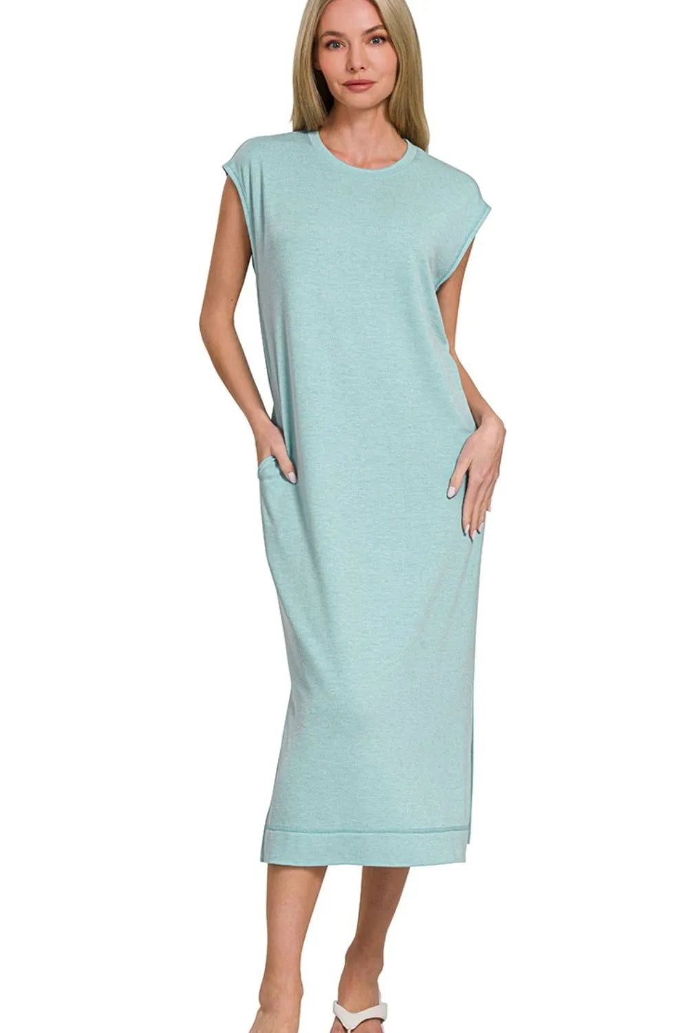 Zenana French Terry Sleeveless Round Neck Midi Dress - Velora Luxury Fashion