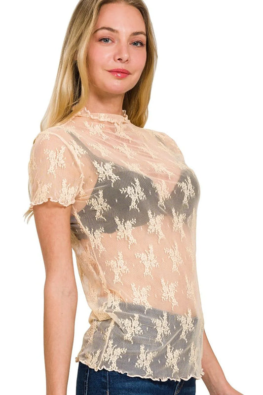 Zenana Lace See-through Layering Short Sleeve Top - Velora Luxury Fashion