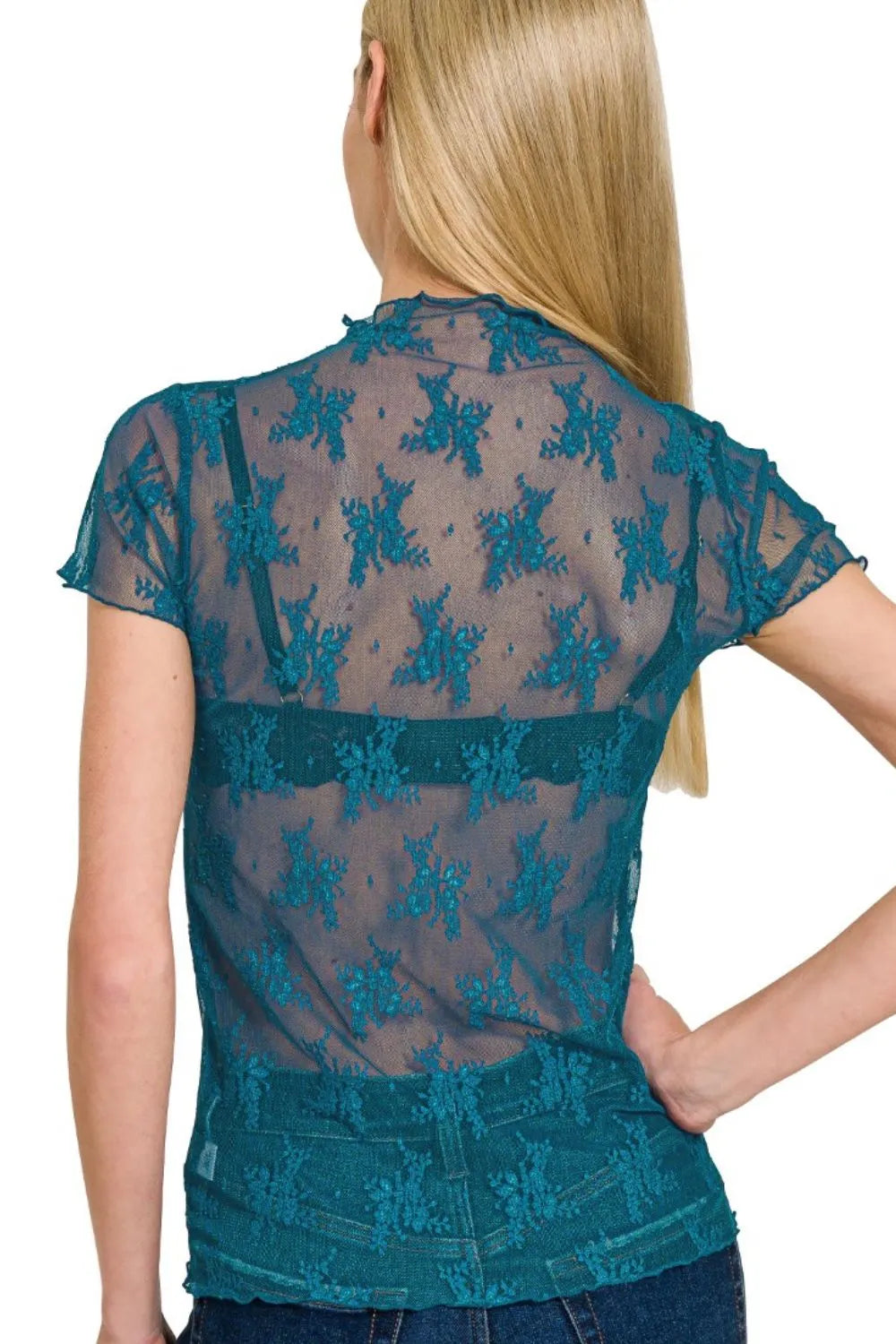 Zenana Lace See-through Layering Short Sleeve Top - Velora Luxury Fashion