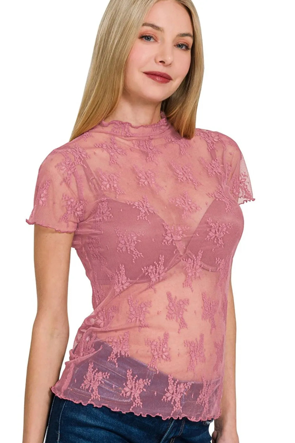 Zenana Lace See-through Layering Short Sleeve Top - Velora Luxury Fashion