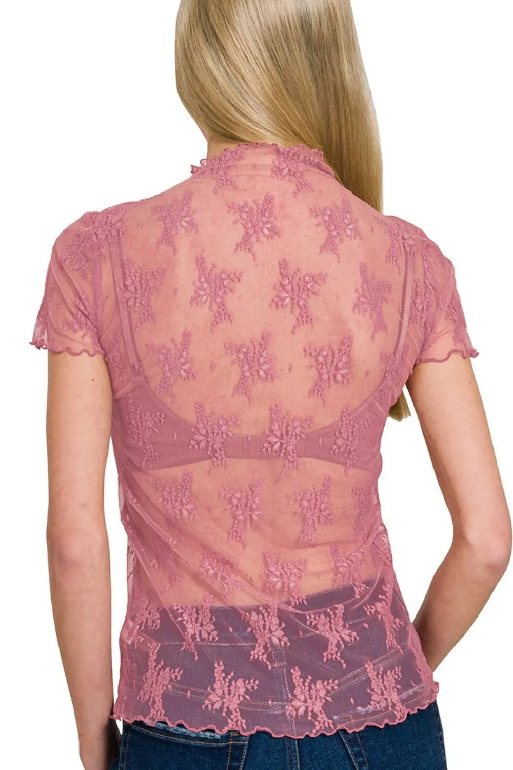 Zenana Lace See-through Layering Short Sleeve Top - Velora Luxury Fashion