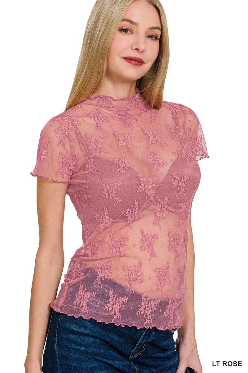 Zenana Lace See-through Layering Short Sleeve Top - Velora Luxury Fashion