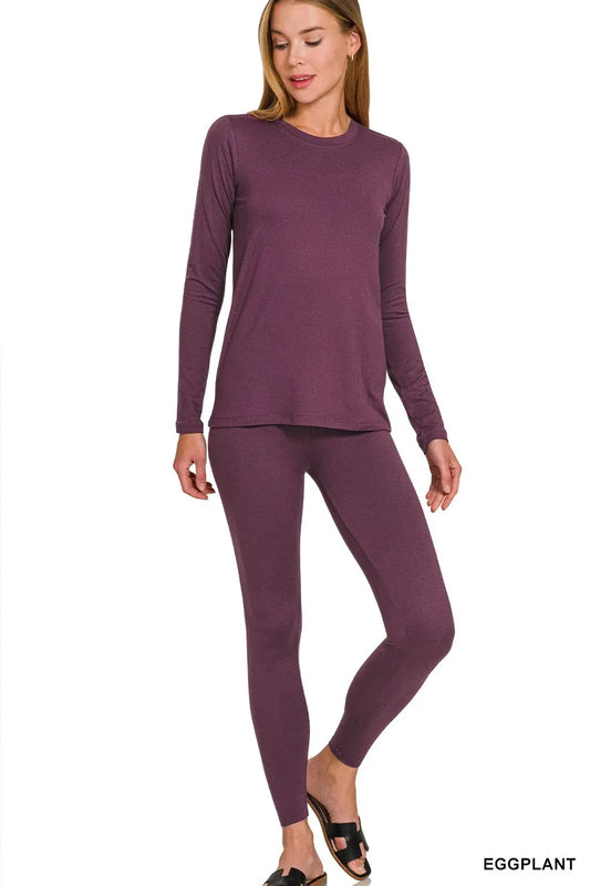 Zenana Microfiber Round Neck Top and Leggings Set - Velora Luxury Fashion