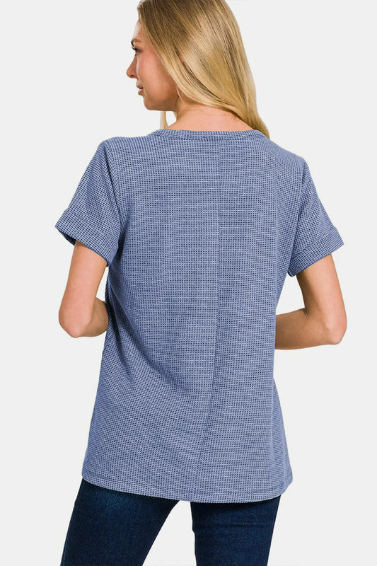 Zenana Notched Short Sleeve Waffle T-Shirt - Velora Luxury Fashion