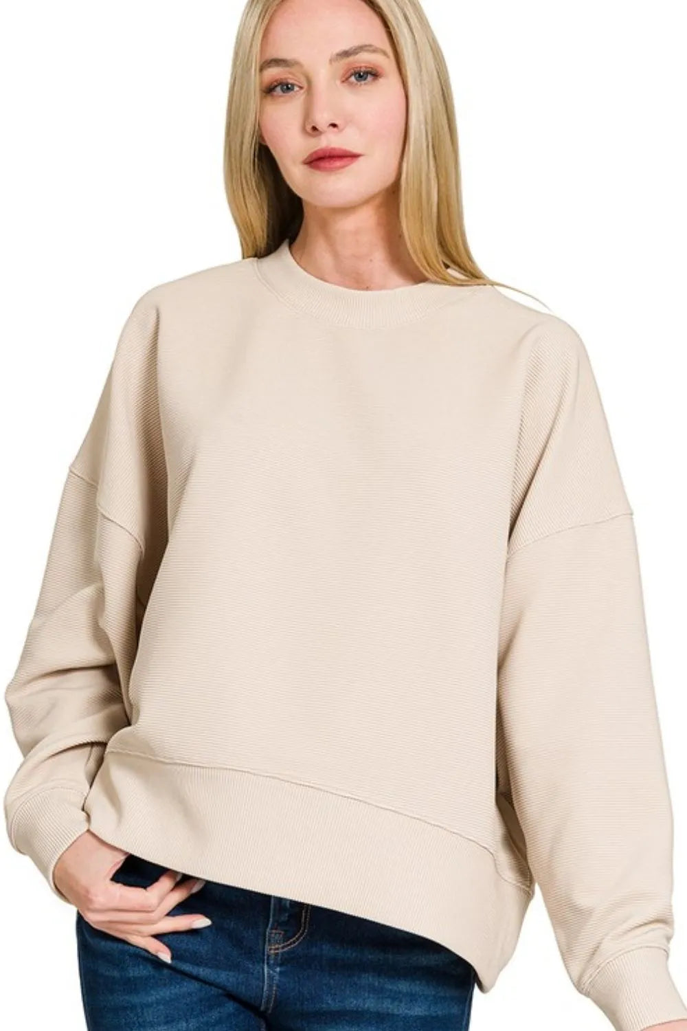 Zenana Ribbed Balloon Sleeve Sweatshirt - Velora Luxury Fashion