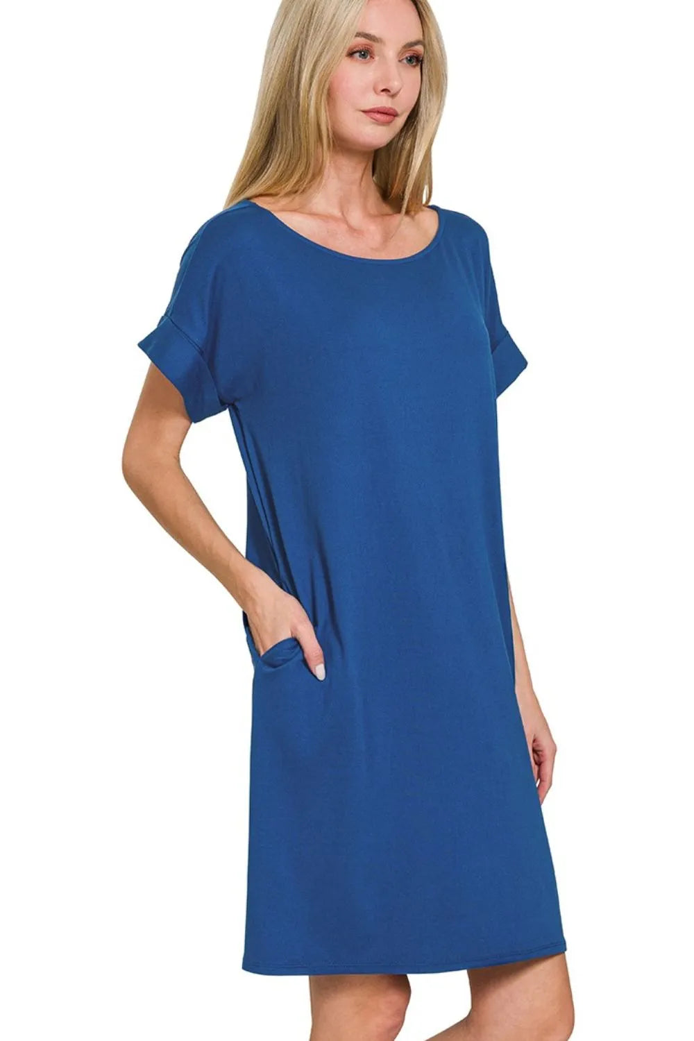Zenana Rolled Short Sleeve Round Neck Dress - Velora Luxury Fashion