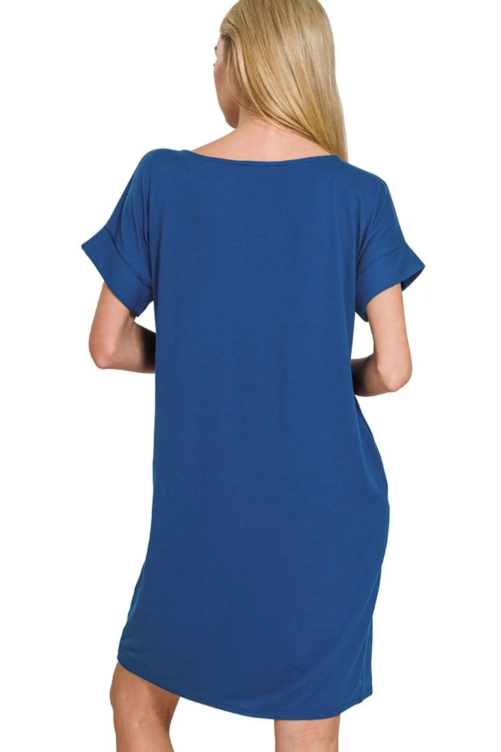 Zenana Rolled Short Sleeve Round Neck Dress - Velora Luxury Fashion