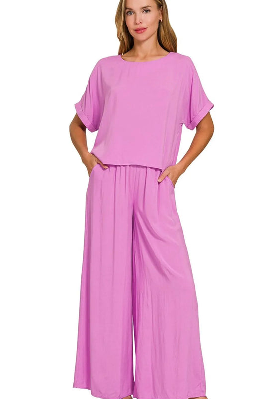 Zenana Round Neck T-Shirt and Wide Leg Pants Set - Velora Luxury Fashion