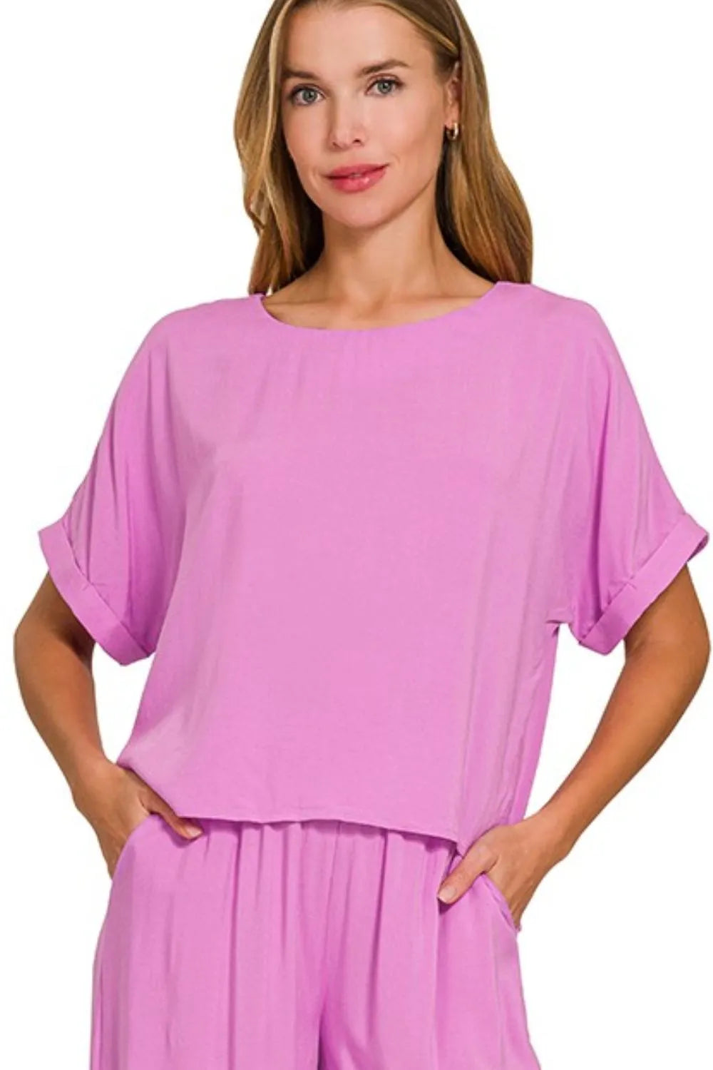 Zenana Round Neck T-Shirt and Wide Leg Pants Set - Velora Luxury Fashion